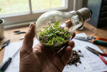 Close-up of a person's hand holding a repurposed lightbulb containing a miniature ecosystem with green moss, ferns, and tiny mushrooms. 