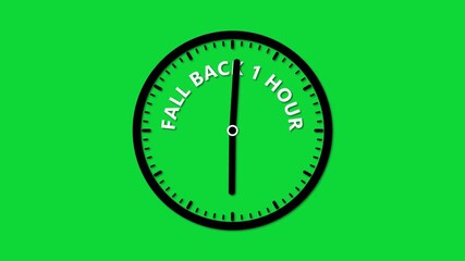Clock with Fall Back 1 Hour text on a green background time daylight saving