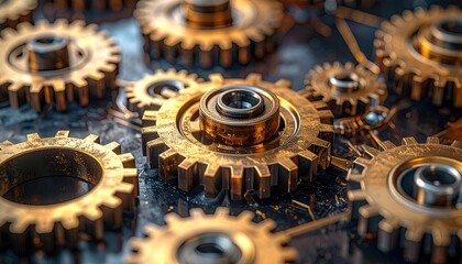 Close-up of metallic gears interlocking, golden, on a dark textured surface, industrial concept