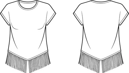 Women's Crew Neck Short Sleeve Top Technical Flat Sketch with Cuffed Sleeves and Pointed Fringe Hem Fashion Vector Illustration Design (21 words)