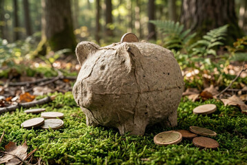 A close-up still life of a textured paper piggy bank sitting on green moss on a forest floor, surrounded by wooden coins, symbolizing organic financial growth, investment, and sustainable savings.
