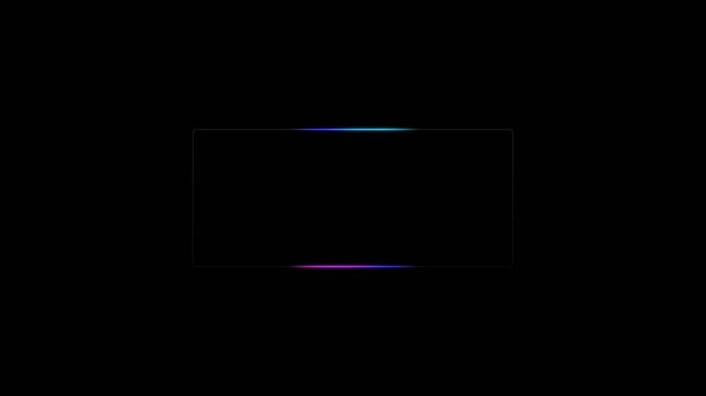 A vibrant blue neon rectangle illuminates a black background, creating a glowing outline. Glowing neon light frame with a dark center. Blending blue, green, and pink colors. 4k