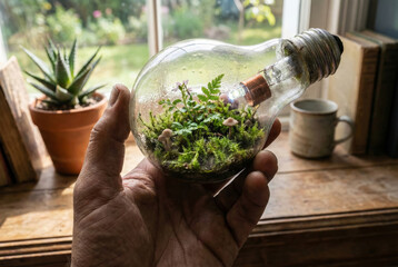 Close-up of a person's hand holding a repurposed lightbulb containing a miniature ecosystem with green moss, ferns, and tiny mushrooms. 