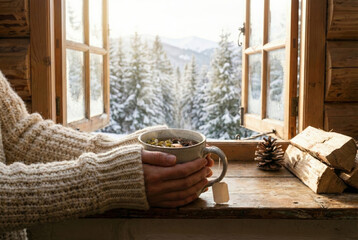 Close-up of hands wearing a knitted sweater holding a steaming mug of herbal tea on a rustic wooden windowsill. An open window frames a scenic view of a snowy pine forest and mountains. 