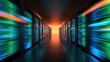 Blurred motion in colorful data center corridor with servers