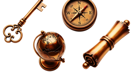 Collection of antique golden objects including a compass, ornate key, world globe, and rolled scroll against a transparent background. Ideal for exploration and adventure themes.