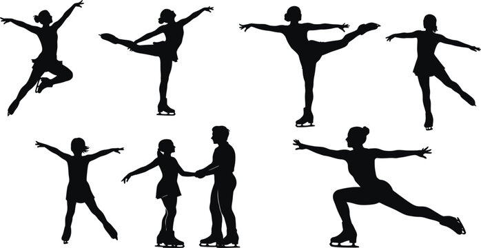Collection of Figure Skating Silhouettes Featuring Professional Ice Skaters Performing Jumps Spirals Spins and Pairs Routine Isolated on Solid White Background