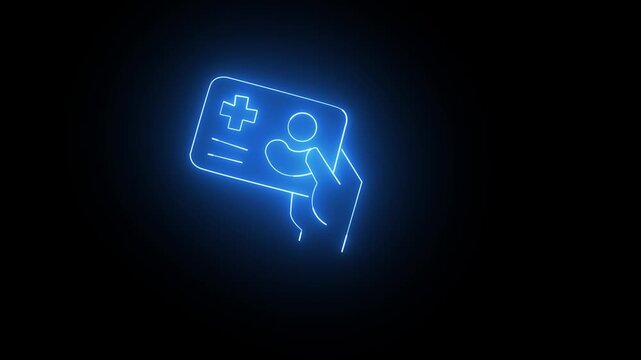 A projects a glowing blue health security insurance card with medical icons above the screen. healthcare access.