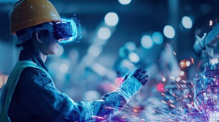 A worker in a helmet uses virtual reality technology while welding, surrounded by sparks and an industrial environment, showcasing innovation in manufacturing.
