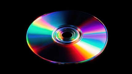 A colorful CD reflects light against a black background, showcasing a spectrum of vibrant hues and a smooth surface.