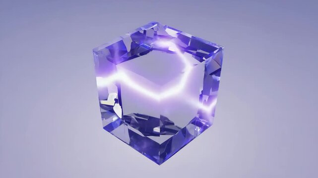 Transparent crystal cube with flickering lightning trapped inside, dark backdrop 4K