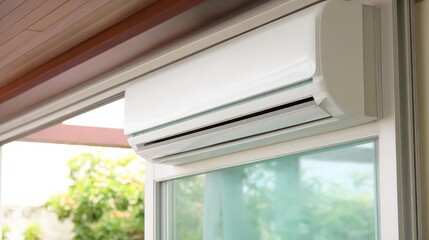 A sleek air conditioning unit mounted above a window, blending modern design with functionality, providing comfort in a bright indoor space.