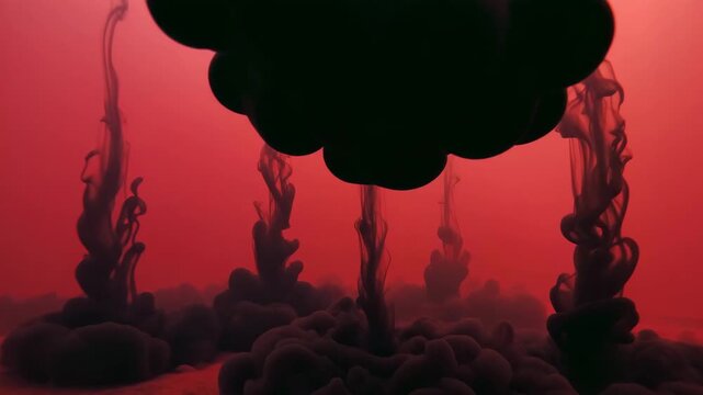 Thick black ink billowing upward through dense red fog, captured in an extreme macro close-up with a slow upward camera tilt Fluid, organic motion with swirling textures, soft ambient lig 4K.