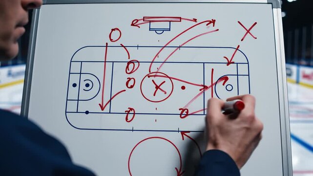 Hockey Coach Drawing Playbook Strategy on Whiteboard in Locker Room
