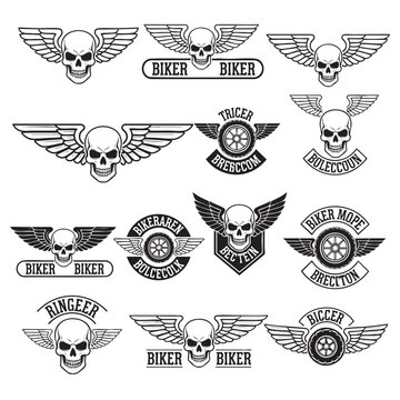 Collection of biker club logos with skulls and wings isolated