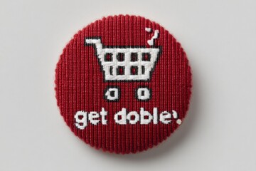 Red circular button with pixel art shopping cart and the words get double badge