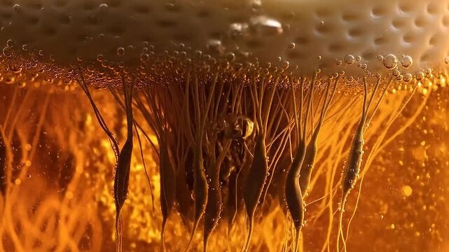 Macro Shot of Bubbles and Yeast Strands in Kombucha Fermentation Jar