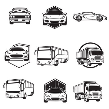 Collection of various vehicle icons isolated on transparent background