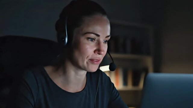 Young adult woman wearing a headset and focused on a laptop screen in a dimly lit room during Ramadan night.