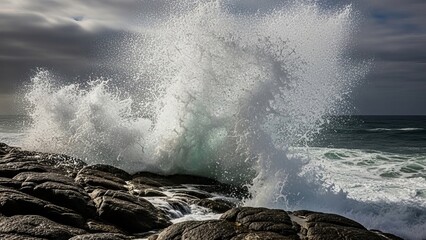 A powerful ocean wave crashing against rugged rocky shoreline