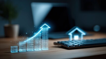 A digital illustration of a growth chart beside a keyboard, symbolizing progress and innovation in business or technology.