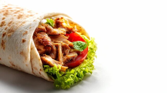 Fresh chicken shawarma wrap with vegetables and lettuce on white background