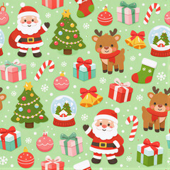 Fototapeta premium Festive Christmas Pattern: A joyful Christmas seamless pattern, adorned with festive symbols such as Santa Claus, reindeer, Christmas trees, gifts, ornaments, and bells.