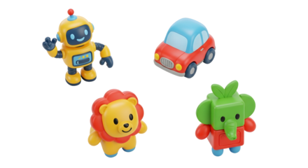 A delightful set of four stylized 3D cartoon characters. Features a yellow robot, red toy car, friendly lion, and green elephant, isolated on a transparent background.