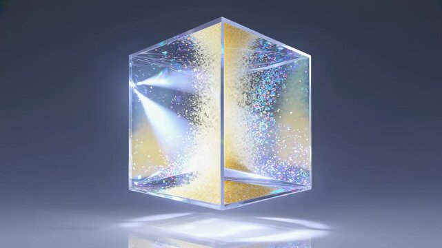 Hollow glass cube filled with floating glitter, suspended in soft volumetric light 4K