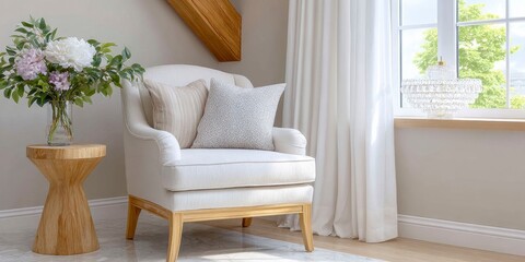 cozy single sofa with white pillow, a crystal chandelier in front of the window with light oak flooring and beams