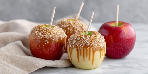 caramel apples with caramel drizzle and nuts, with grey background.