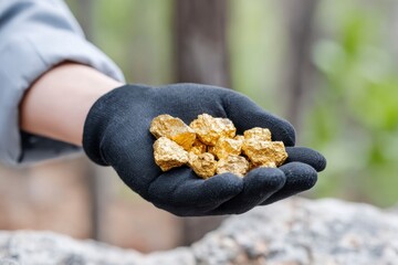 close-up of a black-gloved hand holding gold nuggets. the gold is shiny and glittering in nature.
