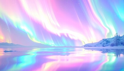 Vivid pastel aurora borealis dances above frozen landscape, reflected beautifully in still water