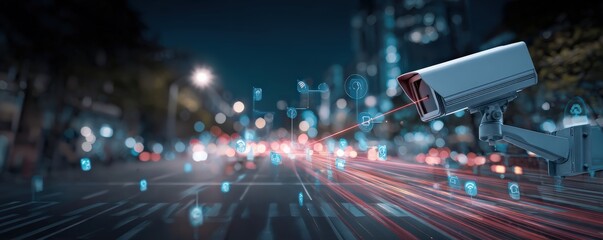 A futuristic urban scene featuring a surveillance camera with digital data elements amidst a busy street at night.