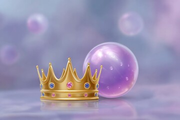 A golden crown and purple shiny balls, purple colors on background