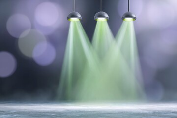 green spotlights on a black background with smoke, an empty stage