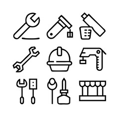 Obraz premium A collection of black silhouette vector icons featuring a set of home repair tools like a hammer, wrench, and drill for house construction and garden work equipment design