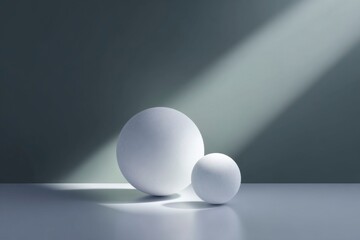 minimalist black and white digital art of two spheres, one glowing slightly more than the other, set against a dark background.