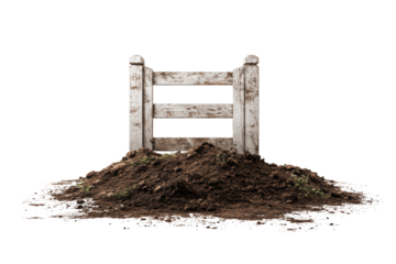 A wooden gate positioned on a patch of dirt, showcasing its rustic texture and natural surroundings, isolated on transparent background