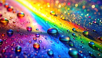 Close-up of water droplets reflecting a vibrant rainbow across a shimmering surface
