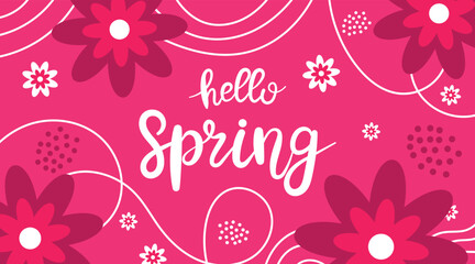 Hello spring lettering with pink floral background and playful white decorative curves