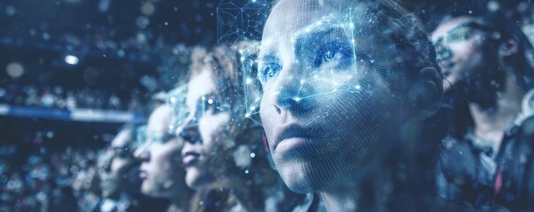 A futuristic crowd with digital overlays on faces, showcasing the intersection of technology and human emotions in an arena setting.
