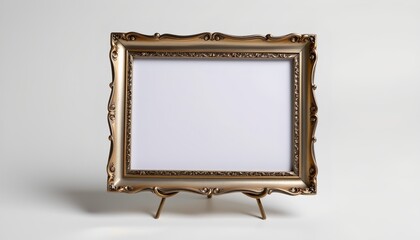 A large, ornate gilded frame standing against a light background. Inside the frame is an empty space that would typically hold a picture or artwork, but it is currently blank