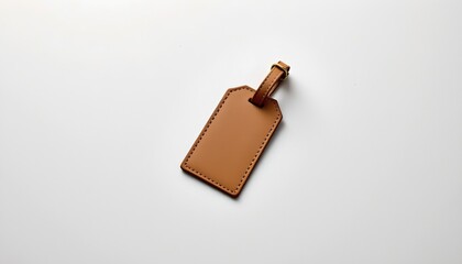 A close up view of a brown leather tag resting against a light gray background, suggesting a focus on craftsmanship or branding.
