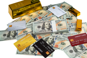 Financial Wealth Concept: Gold Bars, US Dollar Banknotes, Credit Cards, and Smartphone.
