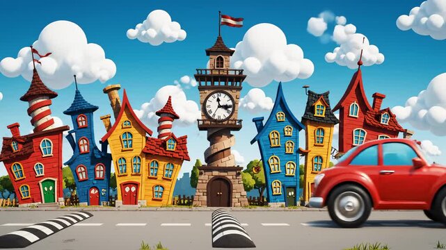Red Car Driving Through Cartoon Town
