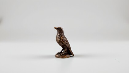 A scene featuring a small bird sculpture perched on a wooden post. The bird is detailed with shades of brown and black, suggesting it might be a rook or crow