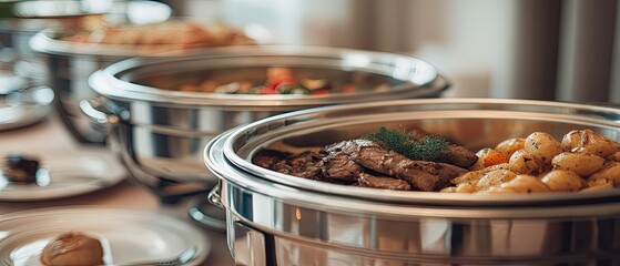 Multiple metal chafing dishes filled with food displayed on an elegant table at a luxurious wedding party event in a warm setting