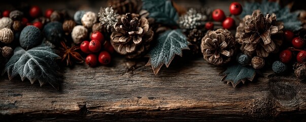 Festive Christmas decorations on dark wooden background with pinecones, berries, and frosted leaves