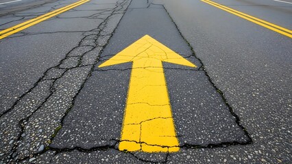 A yellow arrow on a cracked asphalt road pointing forward